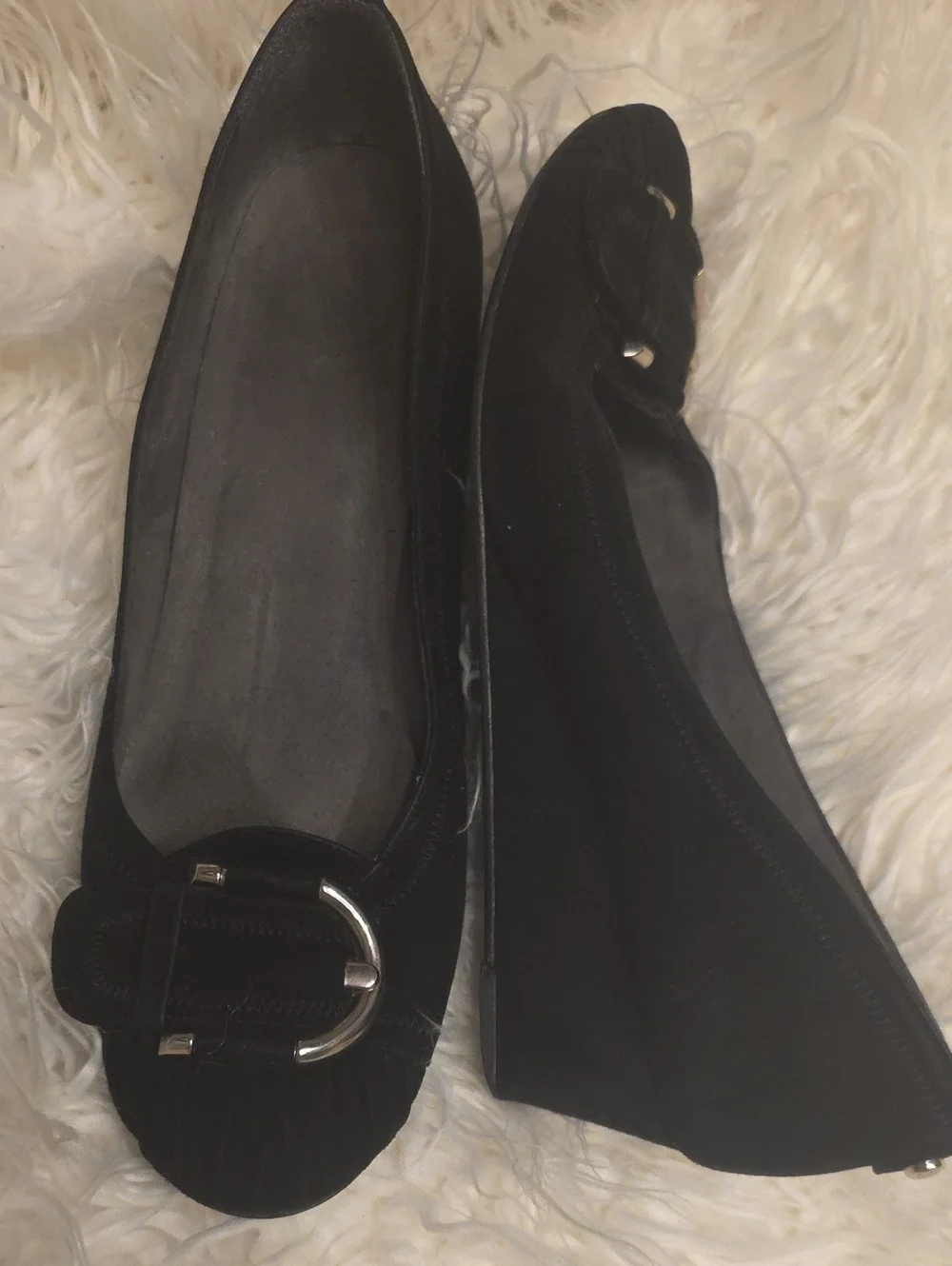 Stuart Weitzman Black Suede Wedge Ballet Flats with Silver Buckle Detail   8.5 - Picture 3 of 11